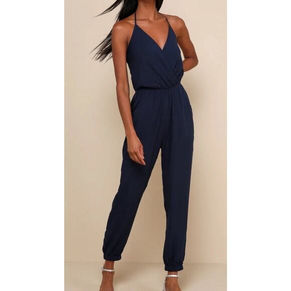 Lulus Pants - Lulu's Learning to Fly Halter Jumpsuit Womens Large Cinched Waist Backless Blue